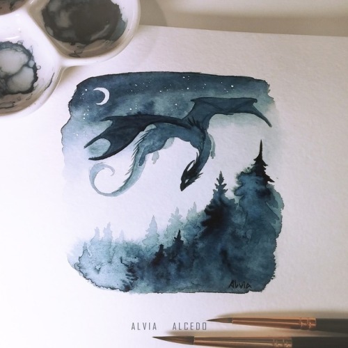 alviaalcedo:Night flight ✨Some watercolor practice^^