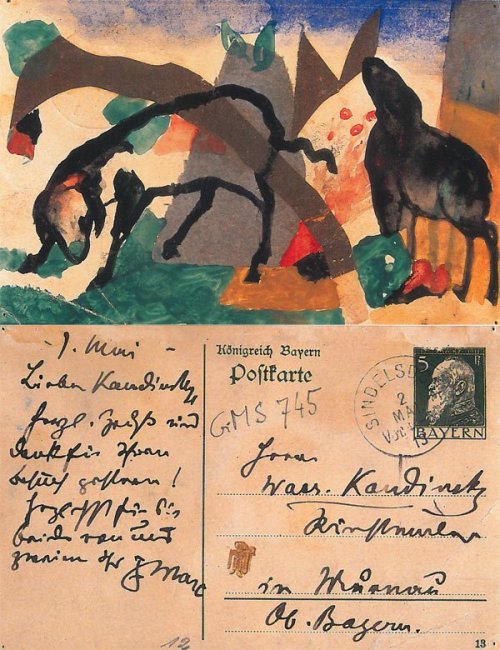 decadentiacoprofaga:Postcards by Franz Marc, 1913. Source.Two Foxes – to Albert Bloch in Munic