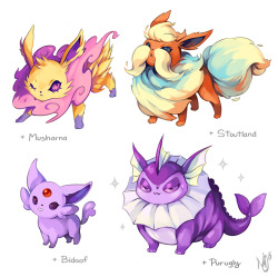 gpoy-pokemon:  cakesmashing:  many people wondered how my silly eevee variants would look evolved, and I found myself drawing a few! (no time for all of them unfortunately)   FAT VAPOREON