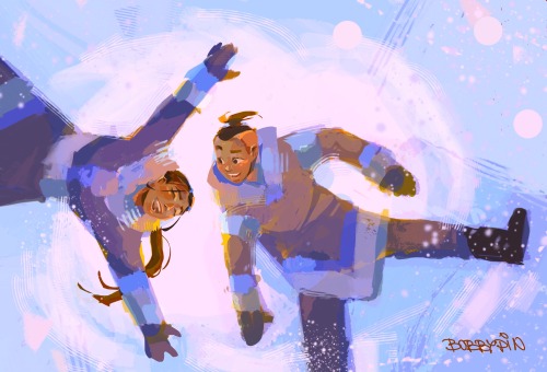 kyoshialone:bobbypinnn: smol Katara and Sokka in the snow  [ID: A digital illustration of Katara and