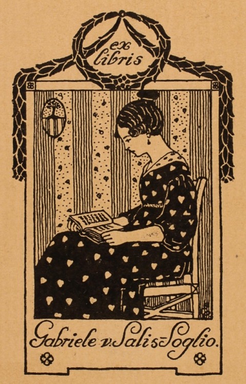 Gabriele Salis-Soglio bookplate. Artist not known.Woman sits on a chair, wearing a dress decorated w