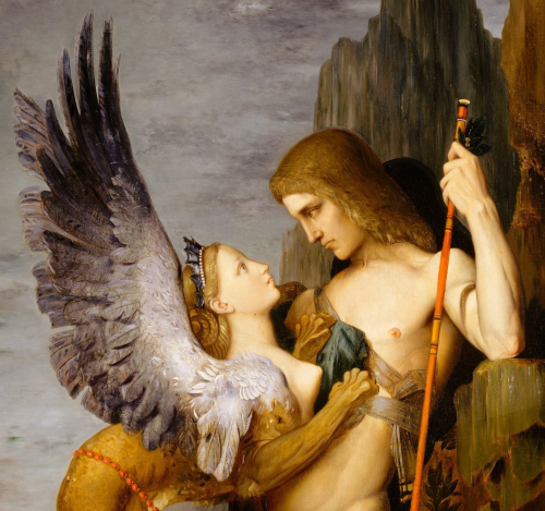 Detail from Oedipus and the Sphinx by Gustave Moreau. French, 1864. Oil on canvas. Metropolitan Muse