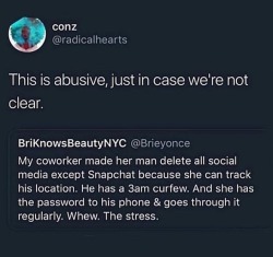 docislegend:  ms-angels-class: feministism:    Yes please share this! This is all control and isolation. It’s not “out of love” or anything like that. This is straight up abuse.    your coworker has a parole officer 