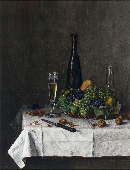 Basket of Grapes, Walnuts, and Knife  -    Léon Bonvin, 1863.French, 1834-1866Watercolor with gum he