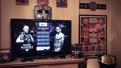 Our setup for the fights the other night. About time I finally hung the poster up #ufc #ufc196 #nate