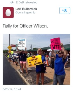 the-uncensored-she:  raise-your-consciousness:  yarrahs-life:  falulu:  bootyscientist:  step-into-your-skin:  Apparently there’s a pro-officer Wilson rally going on today, and someone’s carrying a sign that says “innocent until proven guilty”