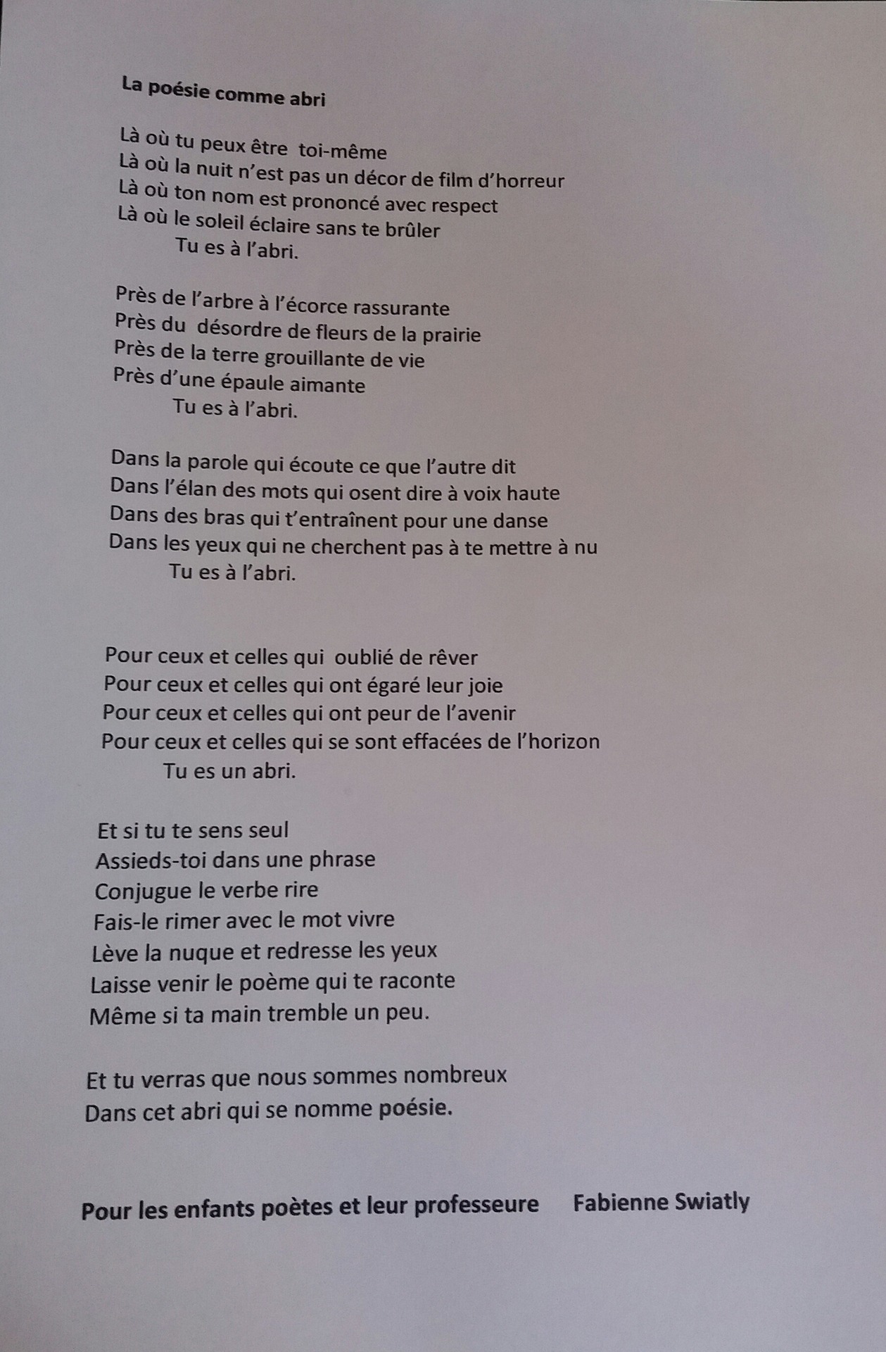 Ecole En Poesie Poeme Dedicace De Fabienne Swiatly Au College Al