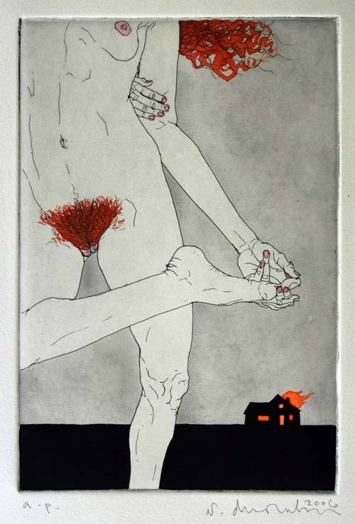 phillipdvorak:  “Blaze” - one of my etchings, hand-colored with gouache and watercolor.