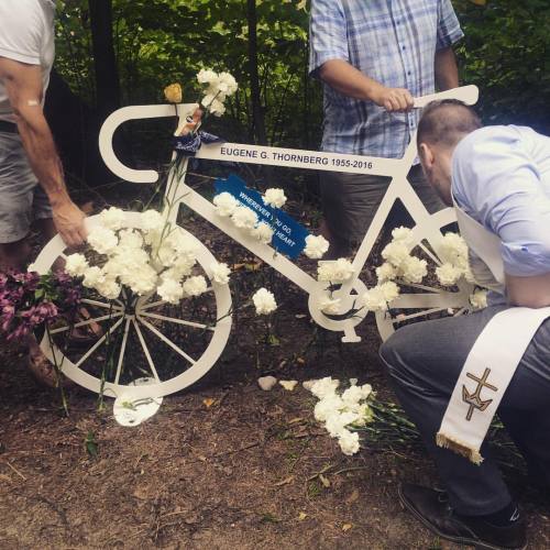 Remembering Gene Thornberg today. #ghostbike in #LincolnMA. Profound to see all the cyclists ride in