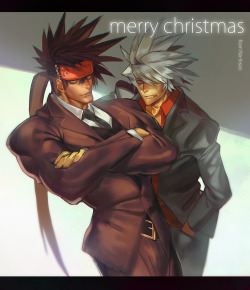 nainsoo:  Very belated Guilty Gear Secret Santa gift for @kandi-bat . Sorry about the wait. Here is your request: Sol and Ragna lookin’ dapper in suits haha.