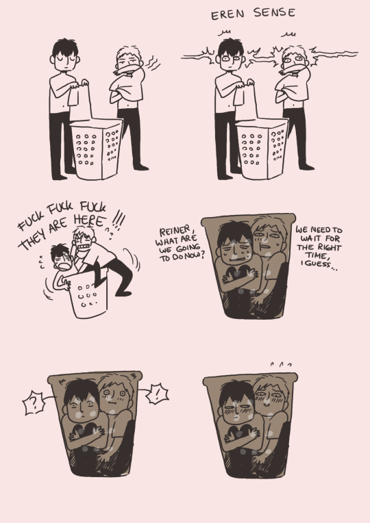 bear-tholdt:  ghostieshadow:   IN THIS SPOILER PICTURE ALL I CAN THINK OF IS THAT BERTHOLDT AND REINER ARE INSIDE A PLASTIC LAUNDRY BASKET WATCHING THROUGH THE ROUND HOLES   Reiner I don’t think it’s time for THAT!! 