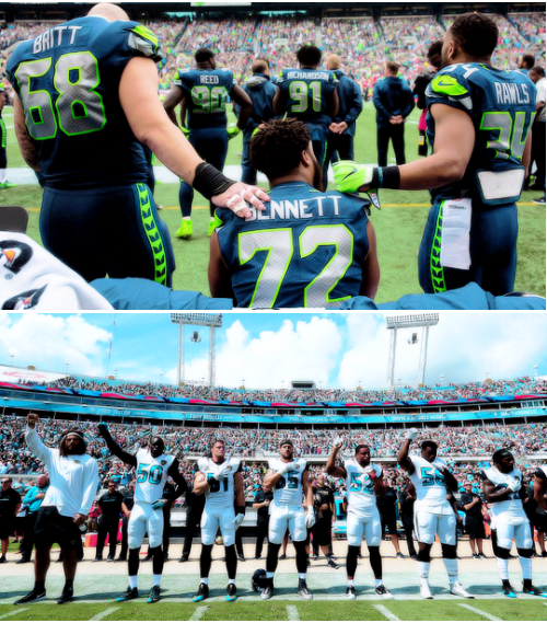 striveforgreatnessss:Players across NFL kneel or raise their fists during the playing of the nationa