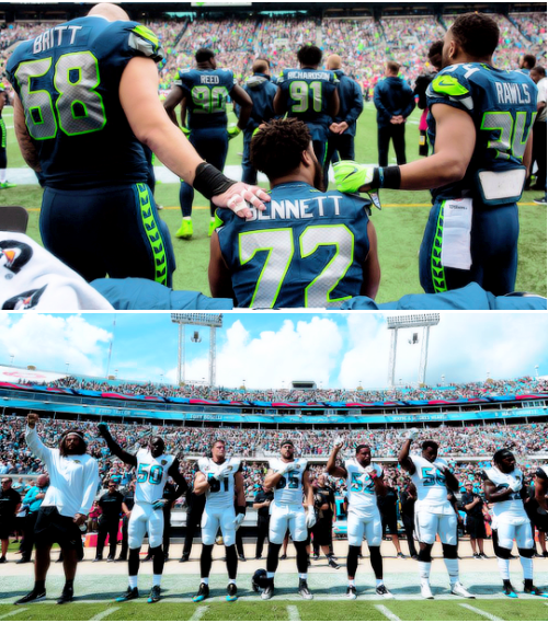 thelovelybones124: striveforgreatnessss: Players across NFL kneel or rais their fists during the pla