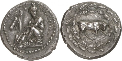 Silver stater from the ancient Greek polis of Phaistos, Crete.  On the obverse, Heracles; on the rev