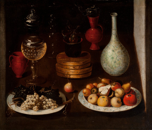 lionofchaeronea:  Fruit Bowl with Plates of Grapes and Pears, Glass, and Clay Vessels, anonymous Spa