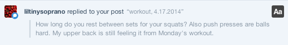 Uhm…something like ~2 minutes? I think I read that on the Internet somewhere once or whatever. I mean, basically, listen to your body? For these sets, I’m lifting at ~70-75% of my 1RM, so I’m going to be struggling to put up weight at the end of my...