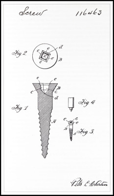 lucienballard:  Robertson’s crew drive patent application. A Robertson’s crew drive, also known as a square,or Scrulox screw drive has a square-shaped socket in the screw head and a square protrusion on the tool. Peter Lymburner Robertson invented