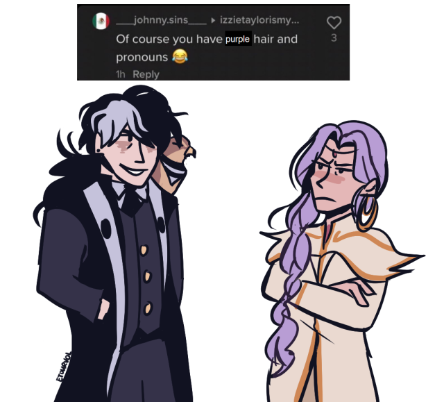 At the top of the image is a screenshot of a TikTok comment, reading "Of course you have purple hair and pronouns ". Below the screenshot of the comic, Simon Blackquill is drawn on the left, slouching with a hand in his pocket and smirking. Across from him is Nahyuta Sahdmadhi, who crosses his arms and glares at Simon in annoyance.