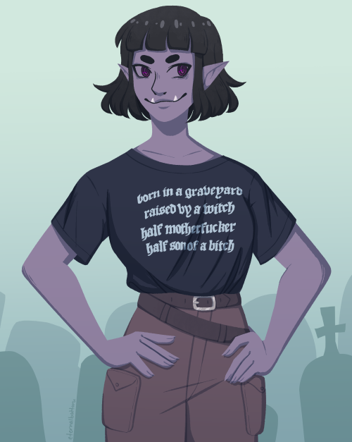 mordredmanor:eternalbattoru:haha yeah [ID: illustration of Fia Boginya wearing a black t-shirt that 