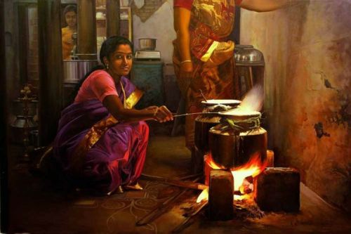 Art by S. Elayaraja1. Tamil girl cooking on the festival day2. Tamil girl playing with her pet puppy