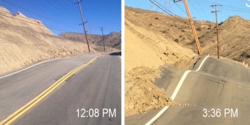 Slumping block destroys California roadThese photographs were taken on Thursday by the Los Angeles C