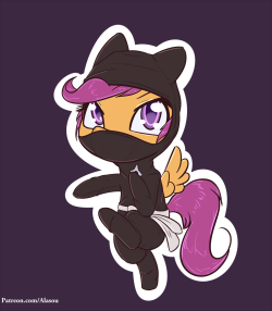 alasou:Ninja Scoot  You like this drawing? Well, you can have a sticker of it right now! You can buy sheets of stickers right here, right now!  http://casynuf.bigcartel.com/product/my-little-pony-stickers-by-alasou  &lt;3