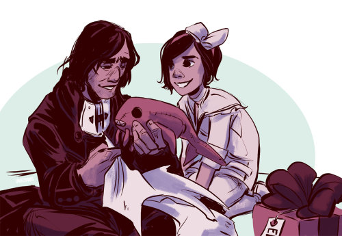 whales-and-witchcraft: Corvo gifting Emily a little stuffed crow and Emily gifting Corvo a little st