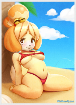 neocoill:  Isabelle found this bikini at the police station, some poor girl must have lost it at the island. Since a week passed with no one reclaiming it, the mayor went ahead and gave it to Isabelle.Bit of a tight fit, but she liked it. 