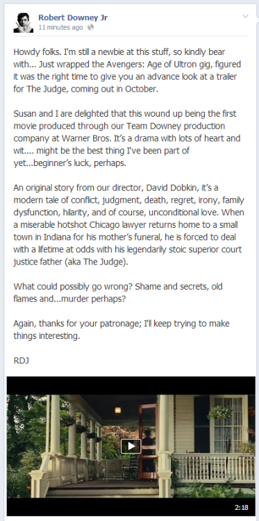 tripnskip:
“ Robert Downey Jr.’s message to the fans about his new movie, The Judge (2014)
”