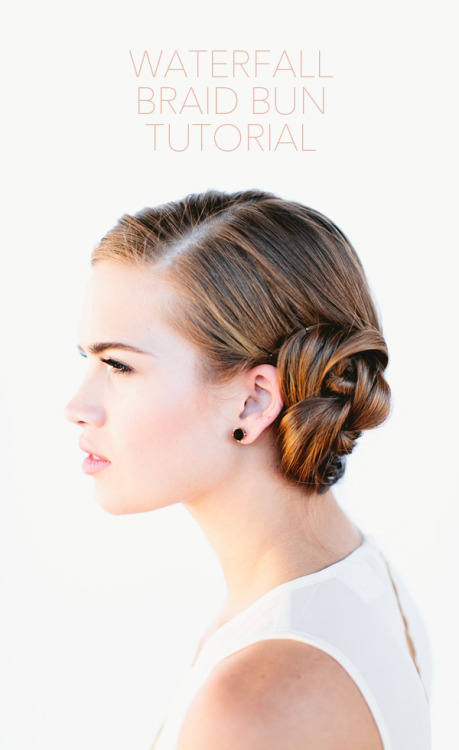 fuckyeahweddingideas:  Waterfall Braid Bun Tutorial via OnceWed 1. Part hair. 2. Grab a small section of hair. 3. & 4. Split into 3 parts. 5. Start French braiding, making sure to braid diagonally across the head. 6. Secure braid with a hair tie.