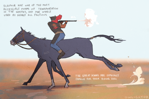 owligator:  If theres one thing I crave whenever I play New vegas it’s.. horses.. So i MADE MY OWN  They’re called sleipnir for pretty self explanatory reasons, plus I thought being named after something mythological fits pretty well with some of