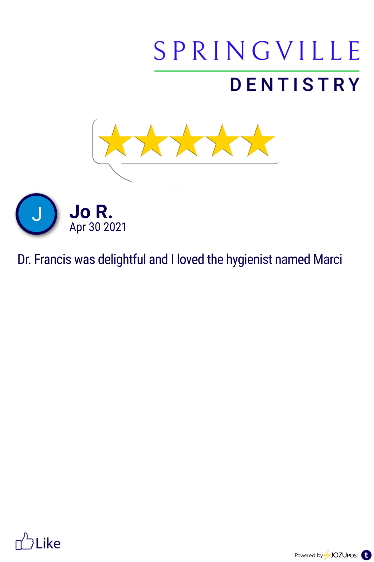 We appreciate our patients!
Here is our latest Five-Star Review from Jo R. We love to recognize those patients that take the time to fill out a review and let us know how we are doing.
Here is what Jo R. had to say: “Dr. Francis was delightful and I...