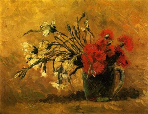 vincentvangogh-art:    Vase With Red And White Carnations On A Yellow Background  1886  Vincent van Gogh  