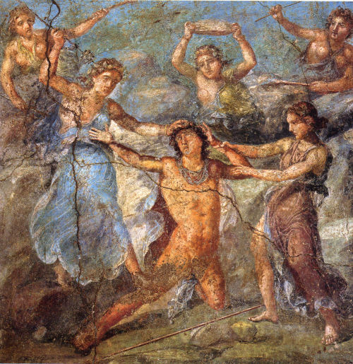 King Pentheus of Thebes is torn apart by maenads, led by his mother Agave.  Fresco from the north wa