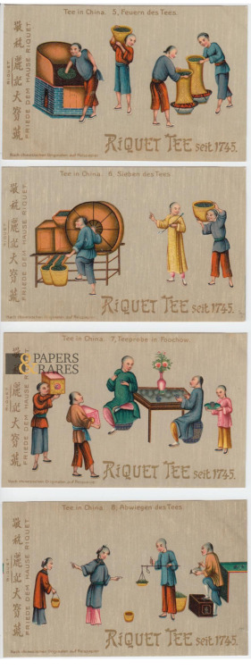 Sammelbilder / postcards for Riquet Tea, 1910. Leipzig, Germany. The cards show the process of tea p