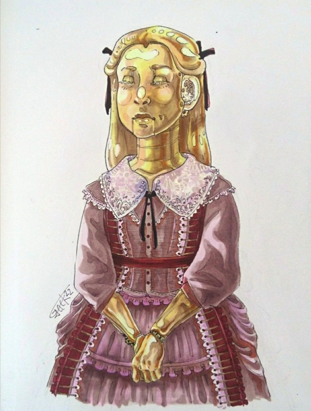 An ink drawing of a girl made of shining brass, with tiny gears visible at her joints. She is wearing an intricate lace trimmed dress in dull pink tones. Her eyes are closed. 