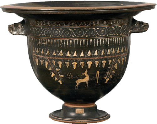 elyssediamond: Bell krater. Polychrome floral decoration (vines heavy with grapes) and a deer trying