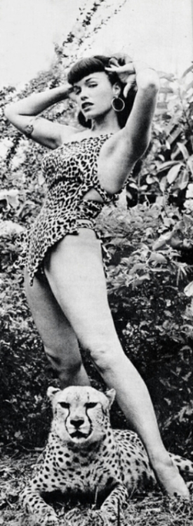 tallulahdreaming:  Bettie Page in leopard costume made by herself, Cheetahs and Bunny Yeager - photos by Bunny Yeager 1954 #Bettie Page #Bunny Yeager 