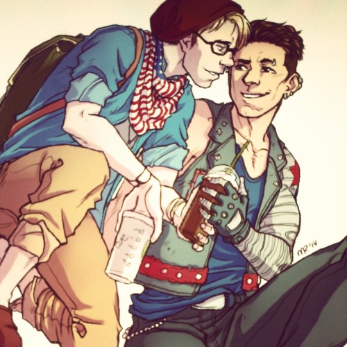 gryzmoly:Captain AmericaHipster!Steve bought Punk!Bucky some frappuccino thing, awww, loser boyfrien