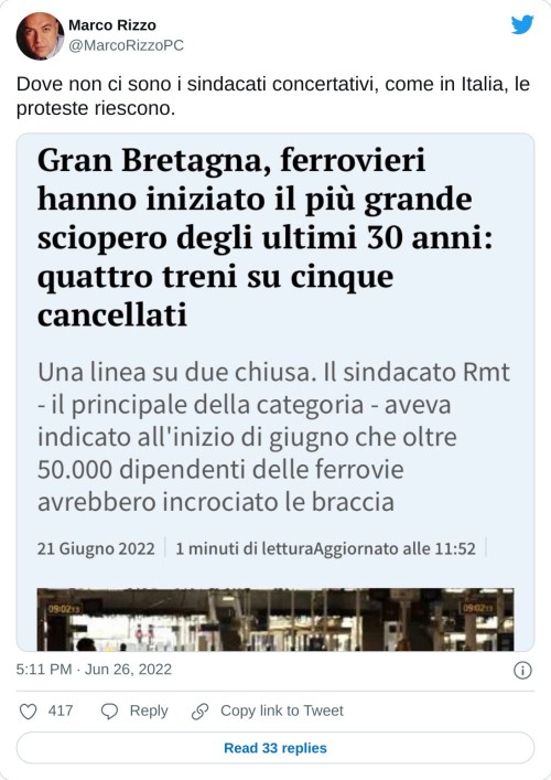 Dove non ci sono i sindacati concertativi, come in Italia, le proteste riescono. pic.twitter.com/ec0KQK8HtI  — Marco Rizzo (@MarcoRizzoPC) June 26, 2022