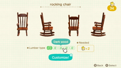 Item: rocking chair# of customizations: 5Customization names: light wood, natural wood, dark wood, w