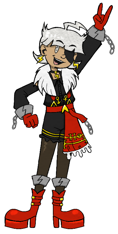 An image of my mascot/persona, Casein Tart's, outfit as an UTAU (pronounced ooh-ta-ooh for the screenreader). Ome of their hands goes up in a sort of rockstar gesture as they stand in a pose overall similar to that of Commander Peepers from Wander Over Yonder. Their design as whole is also similar to Commander Peepers due to their design taking heavy inspiration from him. This design is not actually Casein Tart, but rather a clone of them referred to as "Casein Tart -DECOY-".