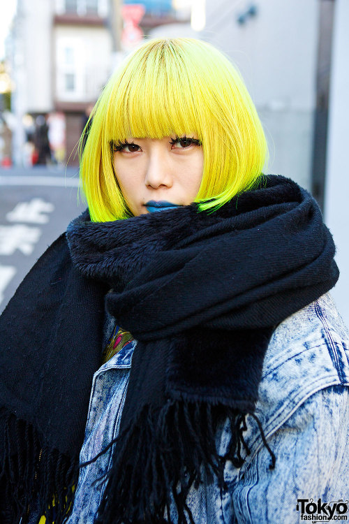 tokyo-fashion:  23-year-old Murakami on the street in Harajuku with yellow bob hairstyle, blue lipstick, oversized resale acid wash jacket, Jeremy Scott x Swatch watch, ripped tights & YRU platforms. Full Look