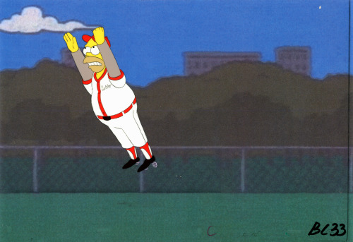 New Simpsons cel from an early scene in Homer At The Bat. After chastising the guys for not wanting 