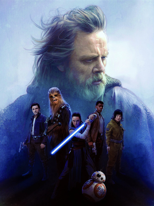 dailykellymarie:Luke Skywalker, Rey, Rose Tico, Finn, Poe, Chewbacca and BB-8 as seen in The Last Je