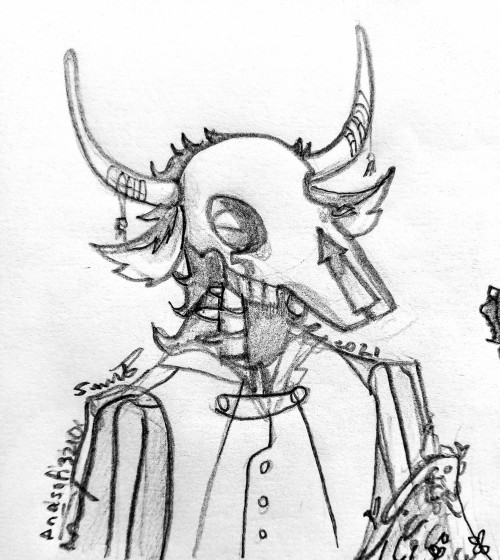The same creature, now surprisingly looking like he is smiling. He is wearing some fancy clothes: a vest and some kind of transparent poncho, and there are also some robes decorating his horns.