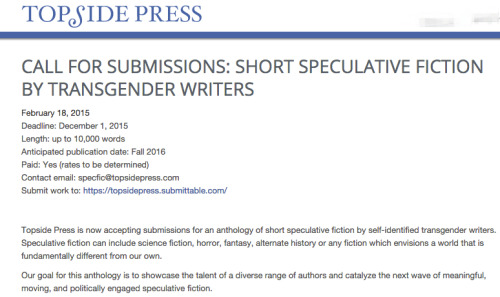 writingopps:Topside Press seeks short speculative fiction by transgender writers. You have all year 