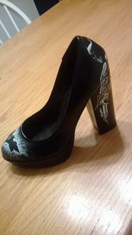 Hand painted Dark Knight heels. Visit our Etsy store to view ideas and get your own custom shoes, ha