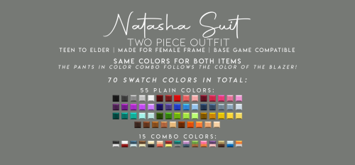 candysims4:NATASHA SUITA two piece outfit that comes with a blazer and pants matching colors.You can