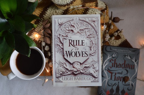 rule of wolves lying cover up on a stool, shadow and bone in the background. next to rule of wolves is a cup of tea and a plant